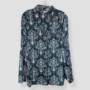 SOMA Size Large Pajama Top Teal Green Paisley Print Satin-Feel Lounge Sleep